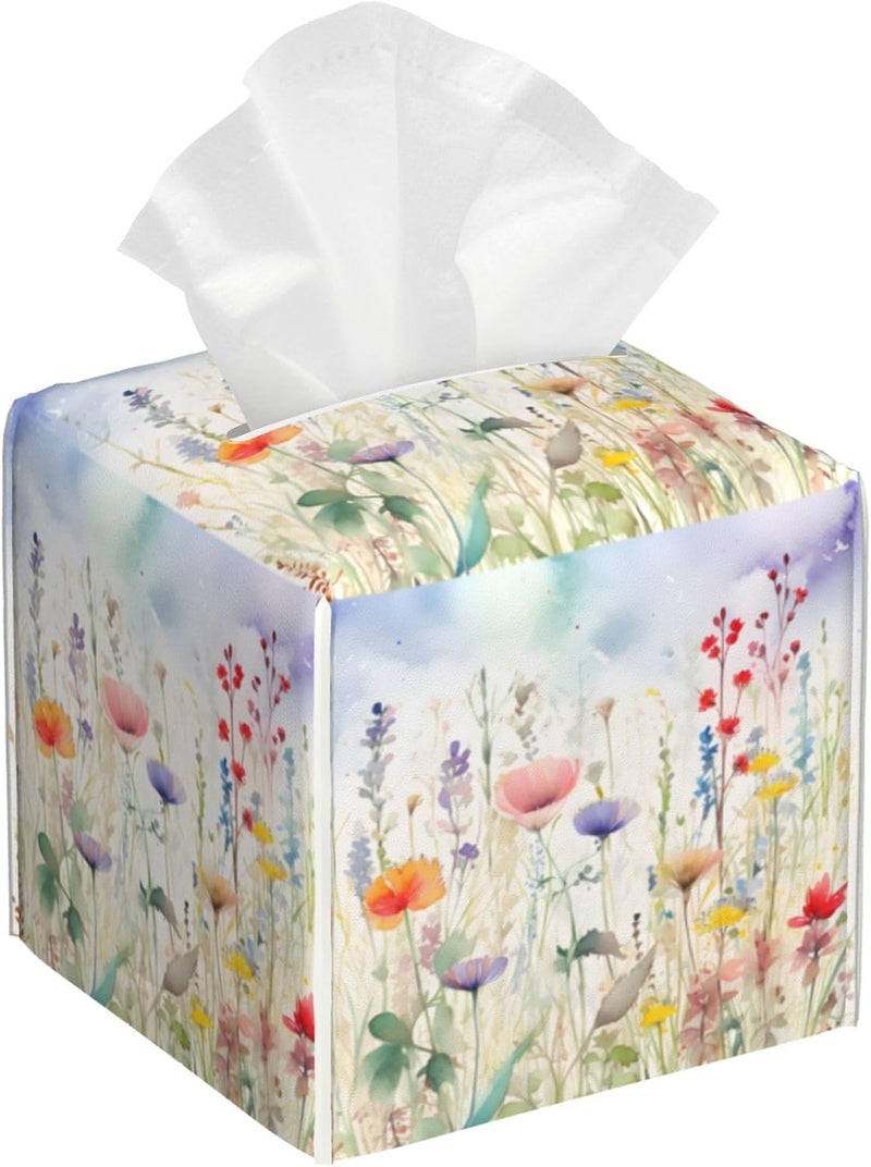 sndheke Watercolor Flower Tissue Box Cover Square,Colorful Flowers Tissue Box Holder Waterproof Leather Facial Paper Organizer Dispenser for Bathroom Home Car Nightstand Vanity Desk - Image 1